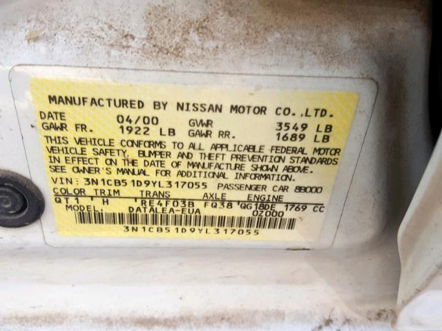 3N1CB51D9YL317055 - 2000 NISSAN SENTRA BAS WHITE photo 10