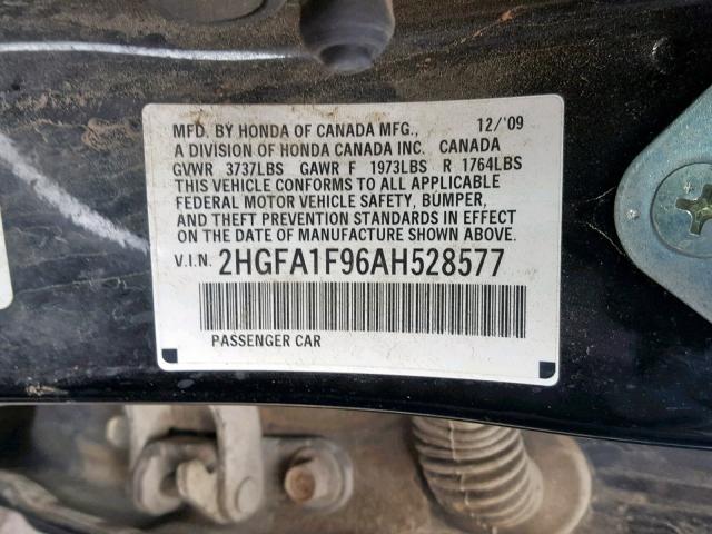 2HGFA1F96AH528577 - 2010 HONDA CIVIC EXL BLACK photo 10