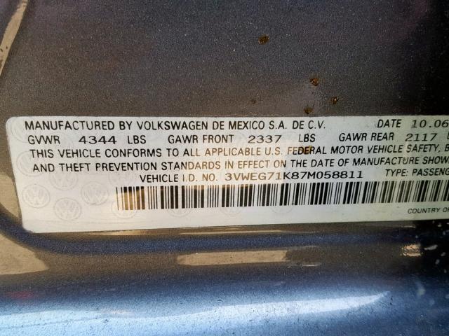 3VWEG71K87M058811 - 2007 VOLKSWAGEN JETTA WOLF GRAY photo 10