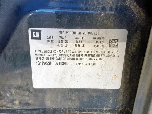 1G1PA5SH6D7103909 - 2013 CHEVROLET CRUZE LS 黑色 照片 10