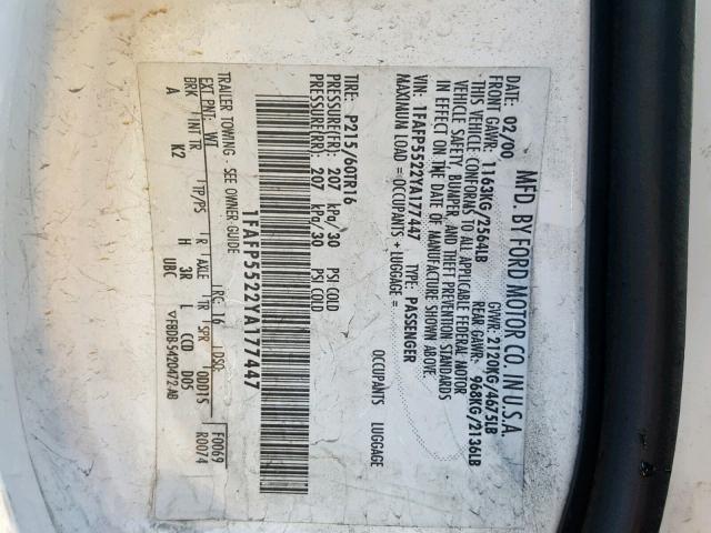 1FAFP5522YA177447 - 2000 FORD TAURUS SES WHITE photo 10