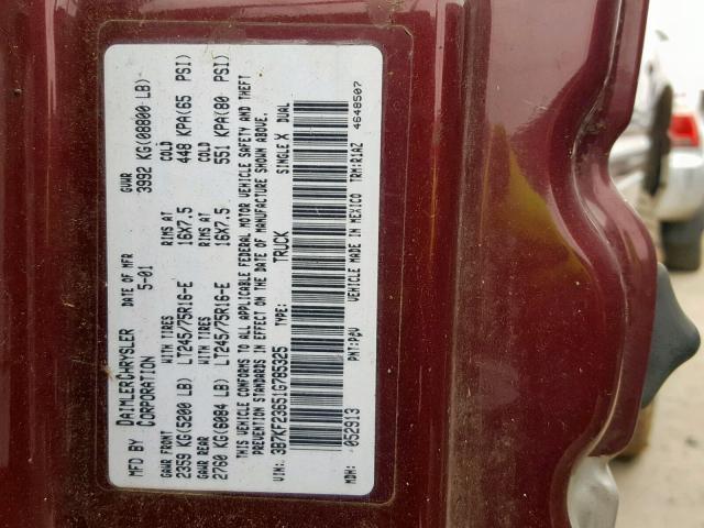 3B7KF23651G785325 - 2001 DODGE RAM 2500 BURGUNDY photo 10