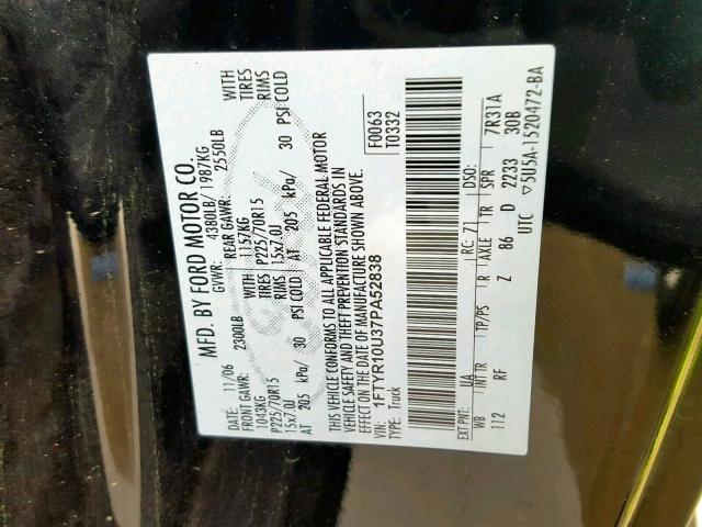 1FTYR10U37PA52838 - 2007 FORD RANGER BLACK photo 10