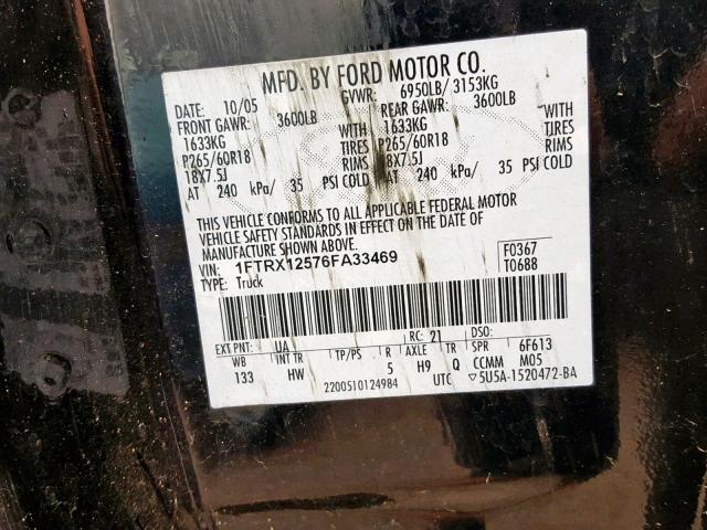 1FTRX12576FA33469 - 2006 FORD F150 BLACK photo 10