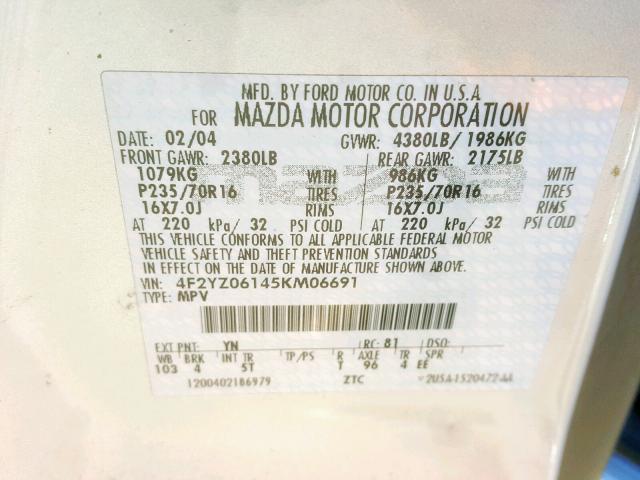 4F2YZ06145KM06691 - 2005 MAZDA TRIBUTE S SILVER photo 10