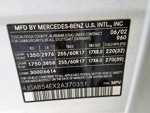 4JGAB54EX2A370351 - 2002 MERCEDES-BENZ ML 320 WHITE photo 10