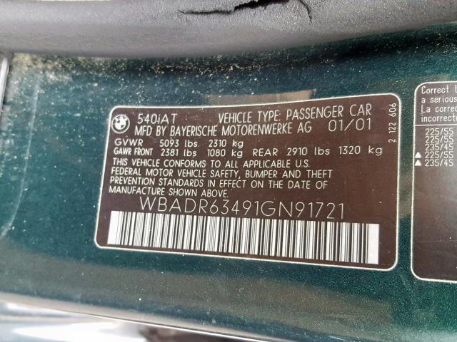 WBADR63491GN91721 - 2001 BMW 540 IT AUT أخضر صورة 10