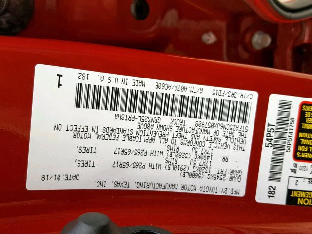 5TFAZ5CN6JX057908 - 2018 TOYOTA TACOMA DOU RED photo 10