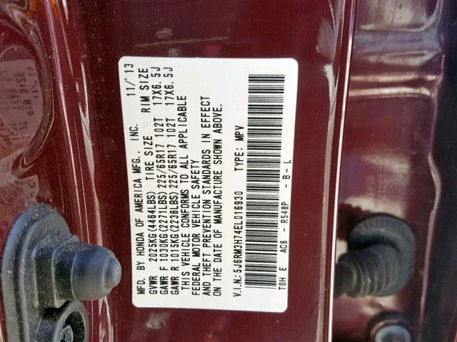 5J6RM3H74EL016930 - 2014 HONDA CR-V EXL BURGUNDY photo 10