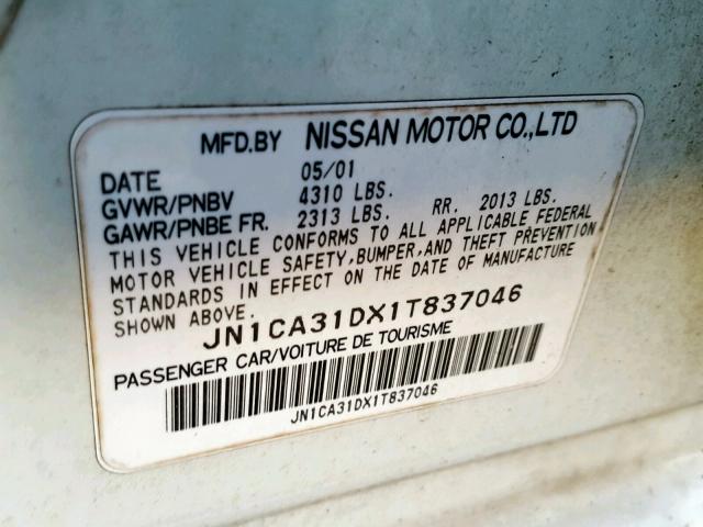 JN1CA31DX1T837046 - 2001 NISSAN MAXIMA GXE WHITE photo 10