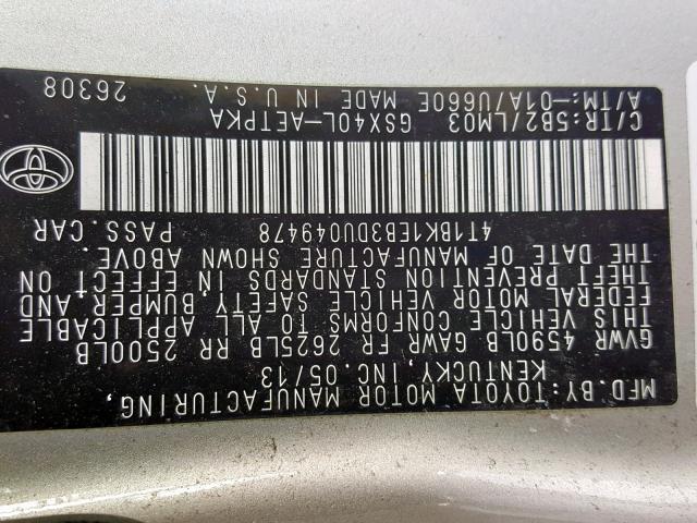 4T1BK1EB3DU049478 - 2013 TOYOTA AVALON BAS 金色 照片 10