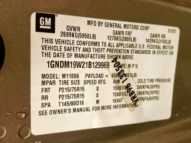 1GNDM19W21B129969 - 2001 CHEVROLET ASTRO SILVER photo 10