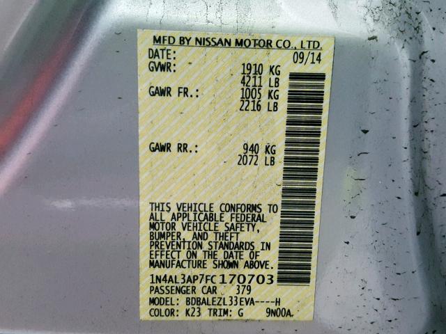 1N4AL3AP7FC170703 - 2015 NISSAN ALTIMA 2.5 银色 照片 10