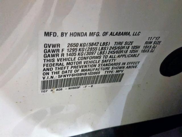 5FNYF6H59HB103869 - 2017 HONDA PILOT EXL 白色 照片 10