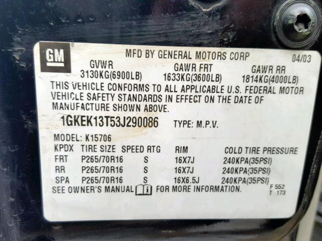 1GKEK13T53J290086 - 2003 GMC YUKON BLACK photo 10