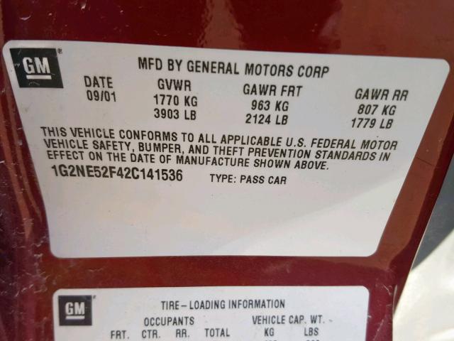 1G2NE52F42C141536 - 2002 PONTIAC GRAND AM S RED photo 10