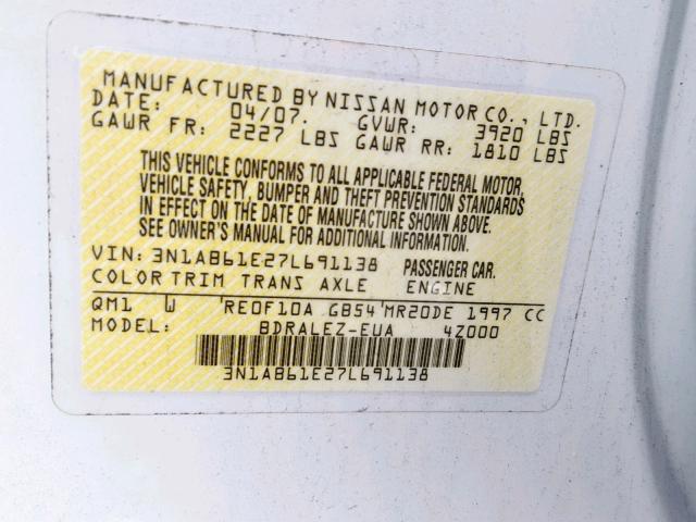 3N1AB61E27L691138 - 2007 NISSAN SENTRA 2.0 WHITE photo 10