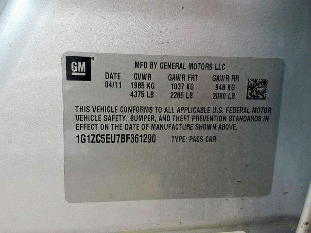 1G1ZC5EU7BF361290 - 2011 CHEVROLET MALIBU 1LT SILVER photo 10