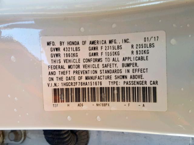 1HGCR2F76HA151676 - 2017 HONDA ACCORD EX WHITE photo 10