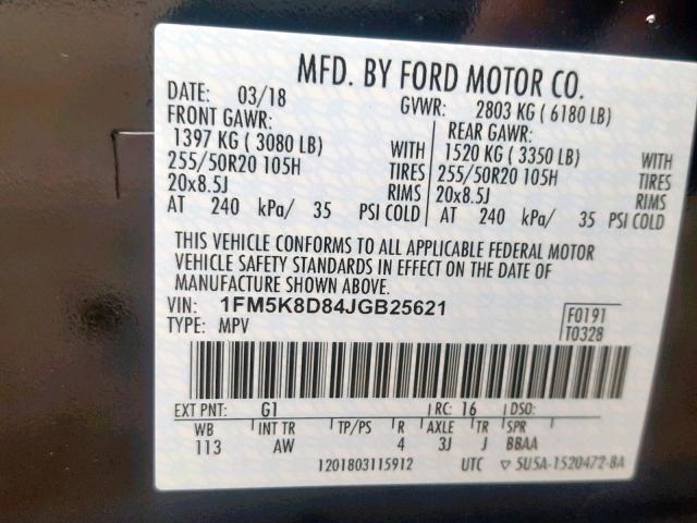 1FM5K8D84JGB25621 - 2018 FORD EXPLORER X BLACK photo 10