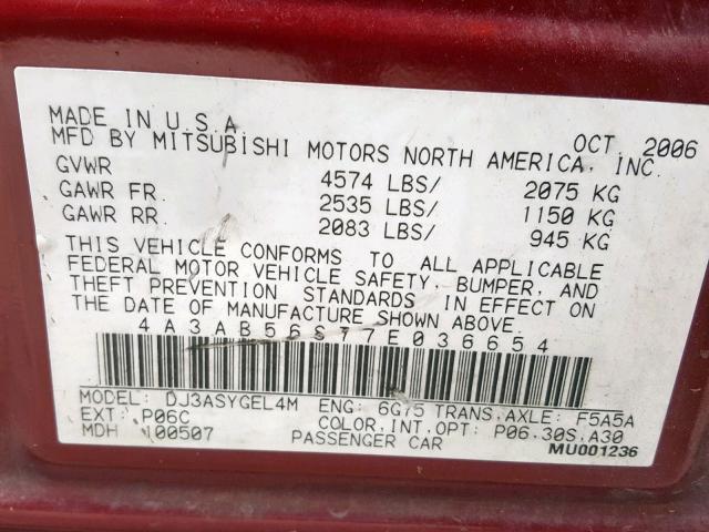 4A3AB56S77E036654 - 2007 MITSUBISHI GALANT GTS RED photo 10