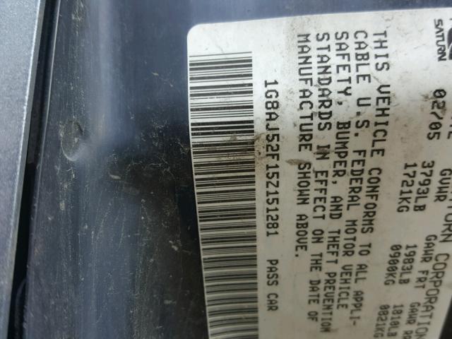 1G8AJ52F15Z151281 - 2005 SATURN ION LEVEL CHARCOAL photo 10