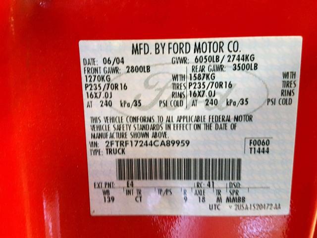 2FTRF17244CA89959 - 2004 FORD F-150 HERI RED photo 10