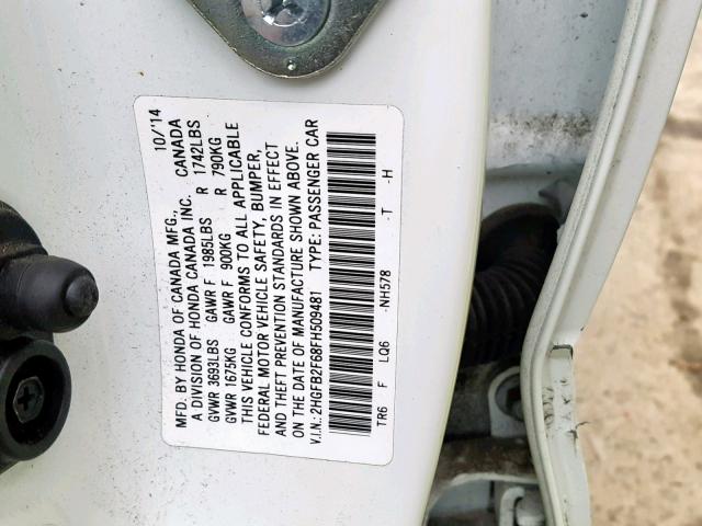 2HGFB2F68FH509481 - 2015 HONDA CIVIC HF WHITE photo 10