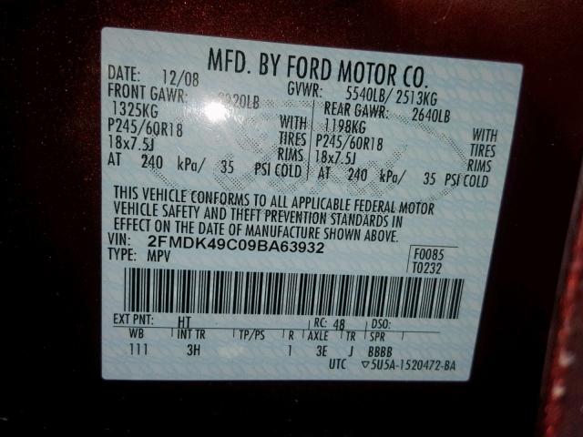 2FMDK49C09BA63932 - 2009 FORD EDGE LIMIT BURGUNDY photo 10