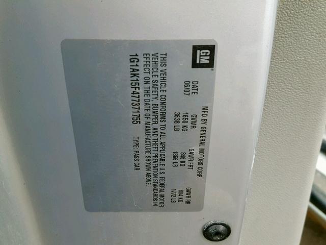 1G1AK15F477371755 - 2007 CHEVROLET COBALT LS ვერცხლისფერი ფოტო 10