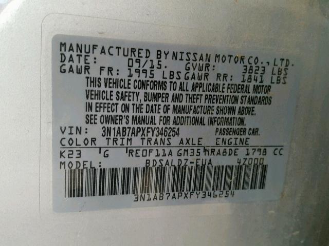 3N1AB7APXFY346254 - 2015 NISSAN SENTRA S 银色 照片 10