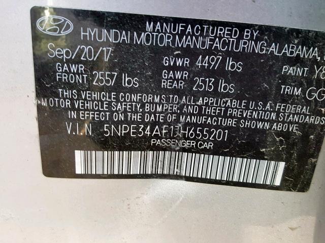 5NPE34AF1JH655201 - 2018 HYUNDAI SONATA SPO SILVER photo 10