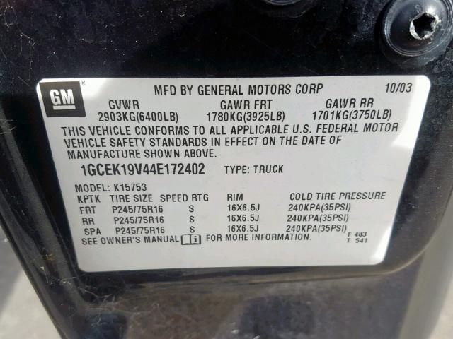 1GCEK19V44E172402 - 2004 CHEVROLET SILVERADO GRAY photo 10