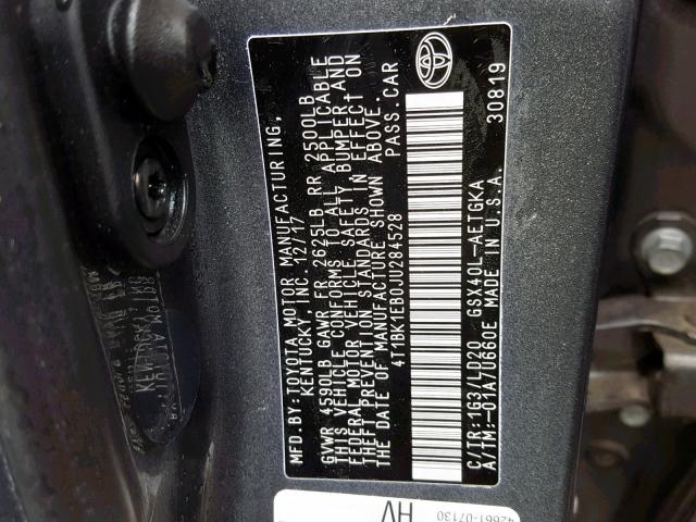 4T1BK1EB0JU284528 - 2018 TOYOTA AVALON XLE 灰色 照片 10