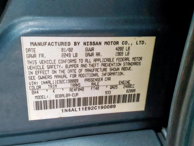 1N4AL11E92C190089 - 2002 NISSAN ALTIMA BAS 蓝色 照片 10