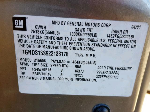 1GNDS13S922138178 - 2002 CHEVROLET TRAILBLAZE SILVER photo 10