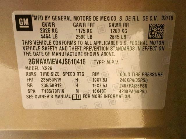 3GNAXMEV4JS610416 - 2018 CHEVROLET EQUINOX PR TAN photo 10