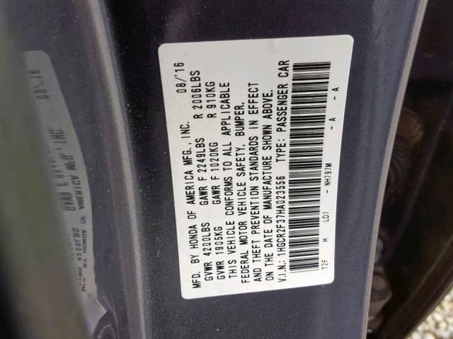 1HGCR2F37HA023556 - 2017 HONDA ACCORD LX GRAY photo 10