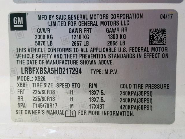 LRBFXBSA5HD217294 - 2017 BUICK ENVISION E WHITE photo 10