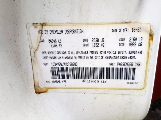 1C3XV66LXND728885 - 1992 CHRYSLER NEW YORKER WHITE photo 10