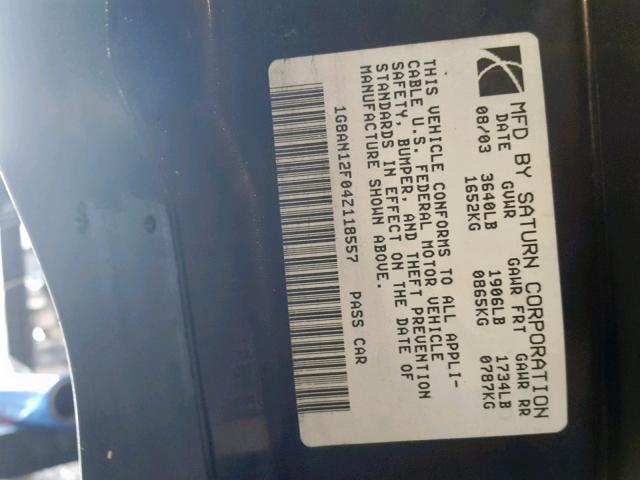 1G8AN12F04Z118557 - 2004 SATURN ION LEVEL BLACK photo 10