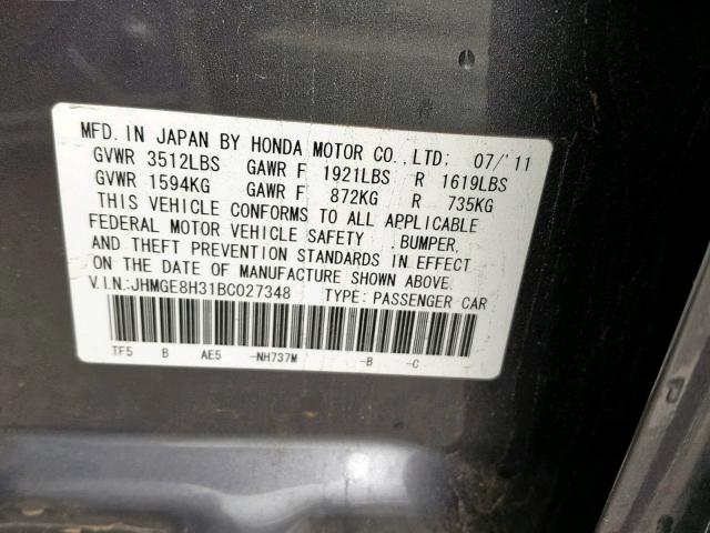 JHMGE8H31BC027348 - 2011 HONDA FIT GRAY photo 10