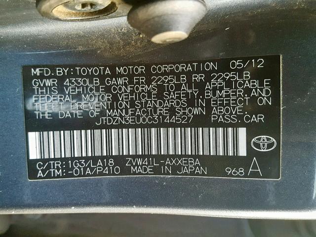 JTDZN3EU0C3144527 - 2012 TOYOTA PRIUS V CHARCOAL photo 10