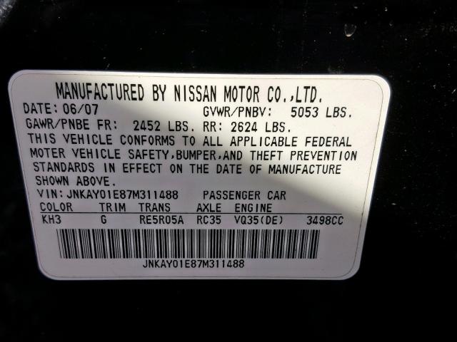 JNKAY01E87M311488 - 2007 INFINITI M35 BASE BLACK photo 10