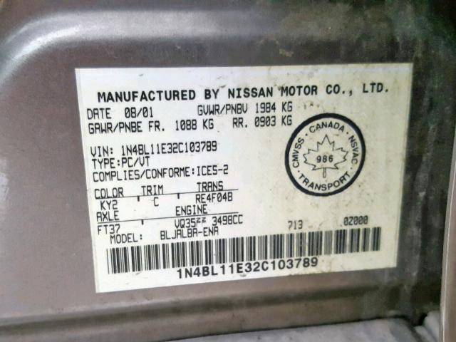 1N4BL11E32C103789 - 2002 NISSAN ALTIMA SE GOLD photo 10