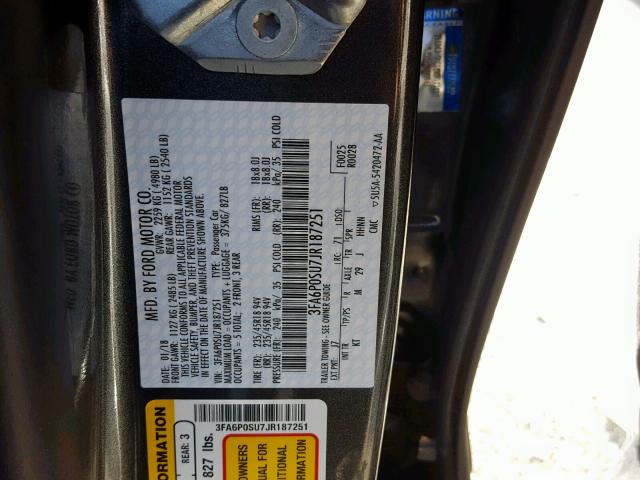 3FA6P0SU7JR187251 - 2018 FORD FUSION TIT GRAY photo 10