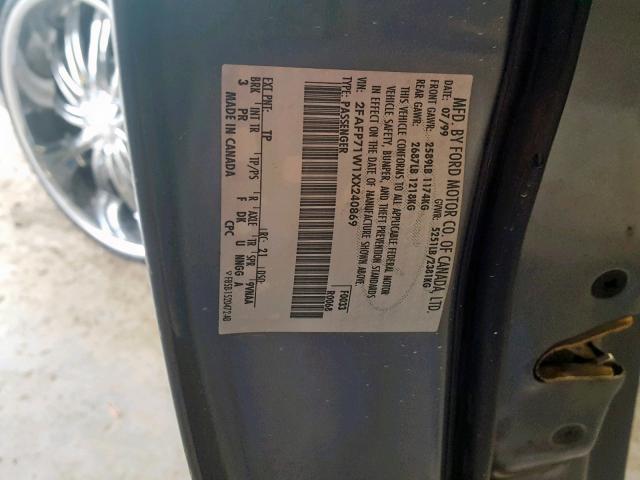 2FAFP71W1XX240869 - 1999 FORD CROWN VICT GRAY photo 10