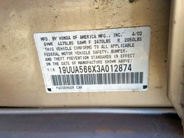 19UUA566X3A012874 - 2003 ACURA 3.2TL GOLD photo 10