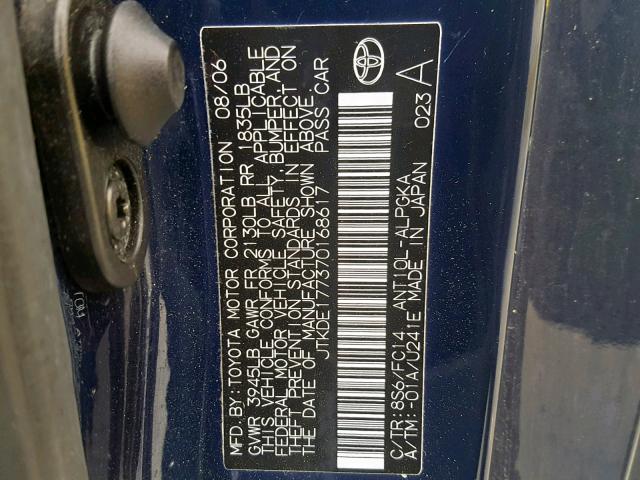 JTKDE177370168617 - 2007 TOYOTA SCION TC ლურჯი ფოტო 10