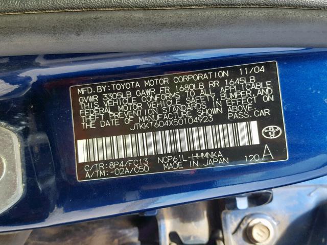 JTKKT604X50104923 - 2005 TOYOTA SCION XA BLUE photo 10